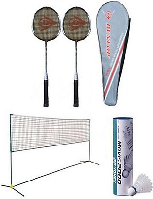 Pack Of 9 - Badminton Set - Multicolour Pair Of Racket 6 Shuttle With Net Included