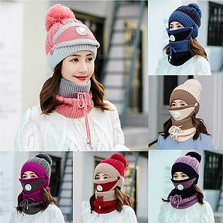 3 IN 1 Beanie Hat + Scarf + Mouth mask Winter Hat for Men & Women Winter Cap Knitted Wool Warm Scarf Sets Thick Windproof Multi Functional Hat Scarf with Filter 3 in 1 Set for Cold Weather