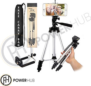 3.5 Feet Tripod Stand for Mobile Phones and Cameras with Mobile Phone Holder, Adjustable and Portable Tripod Stand Mobile and DSLR Stand for Live Stream, Tiktok and Vlogging Universal Tripod Stand, Silver Model 3110 with Box and Bag