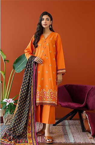 Orient Unstitched 3 Piece Embroidered Cambric Shirt , Cambric Pant And Lawn Dupatta For Woman And Girls - Colour: Orange -design Code: Otl-23-196/u Orange - Collection: Orient Winter Vol. I 2023 - Collection: Winter Vol. I 2023