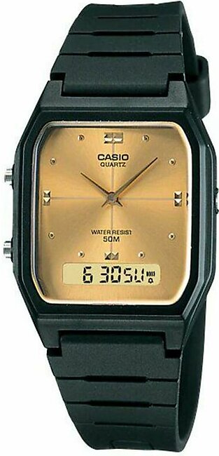 Casio Vintage Analog Golden Dial With Black Rubber Strap Men's Watch - Aw-48he-9avdf