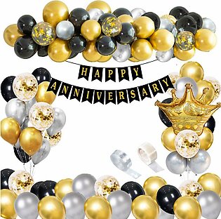 Black And Gold Party Decorations Happy Anniversary Confetti Balloons With Banner, Crown Balloons For 1st, 3rd, 5th Anniversary Decorations