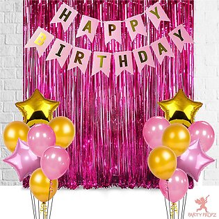 Classical Theme Of Happy Birthday Card Decoration Set With '4' Pcs Metallic Foil Star Balloons Set, '1'shiny Foil Fringe Curtain(6x3.5feet) And '20'pcs Latex Balloon Set For Your Birthday Party Event-birthday Theme Set To Make Your Birthday Event Exciting