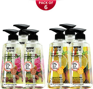 (Pack of 6) WBM Moroccan & Camellia Shampoo 3 pcs - 500ml + Lemon & Mint Shampoo 3 pcs - 500ml, shampoo for silky hair, shampoo for hair fall, shampoo for dandruff, shampoo