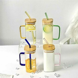 Square Glass Mug 400ml With Lid And Straw Breakfast Milk Cup Microwave Safe Transparent Coffee Mug Drinkware Glass