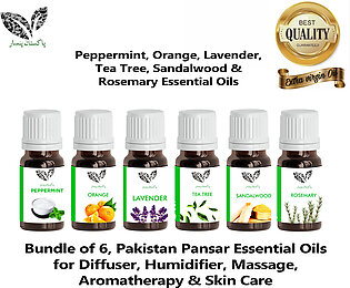 Bundle of 6, Pakistan pansar’s Peppermint, Orange, Lavender, Tea tree, Sandalwood and Rosemary Essential oils for Diffuser, Humidifier, Massage and Aromatherapy & Skin Care