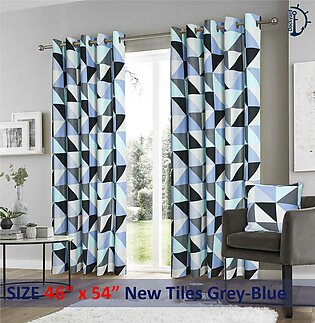 Curtain Set, Printed curtains for room | New Tiles Grey-Navy Blue | Pack of 2 Curtains