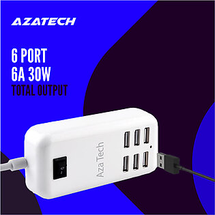 AzaTech 6 USB Port Fast Charger HUB 30W 5V/6A 1.5M Smart Wall Socket Extension Power Wall Adapter Charging HUB Power Strip Universal Charging Station Quick Charging Dock For All Brands - White