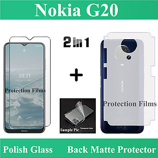 Pack of 2 - Nokia G20 Tempered Glass Screen Protector 2.5D Polish Glass Guard + Back Matte Protector Anti-Slip Soft Skin Sheet Film Protection Carbon Fiber With Sides Cover For Nokia G20 - Transparent