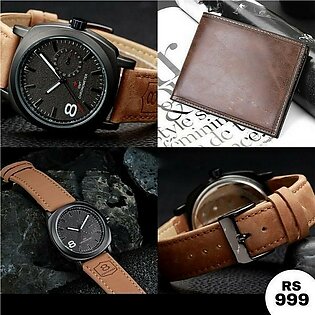 Pack Of 2 - 1 Leather Wallet & 1 Watch For Men