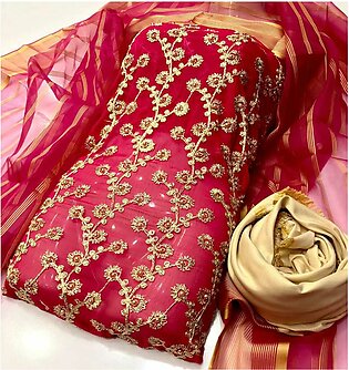 Shah Kamal Fabrics Unstitched 3 Piece Suit-heavy And Stone Work Chiffon Banarsi Shirt-masoori Trouser-organza Dupatta For Women