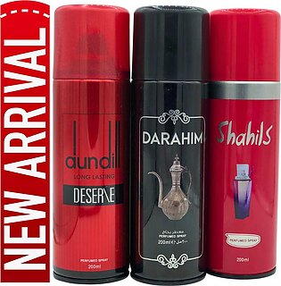 Body Spray Pack Of 3 For Men Gift | Big Bottle 200ml Darahim | Dundill Red | Shahlis By Freshrite Value Budget Pack For Men & Women Gents And Ladies Deodorants Body Spray Imported High Quality By Lucky Long Lasting Women And Men Gift Whole Sale Gifting