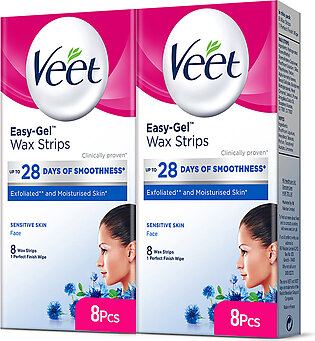 Veet Easy Gel Wax Strips For Face Sensitive Skin With Almond Oil And Cornflower Scent 8 Face Wax Strips - Pack Of 2