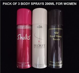 PACK OF 3 BODY SPRAYS FOR LADIES & WOMEN 200ML - SHALIS-ROYAL MARRAIGE-SECRET