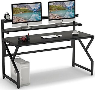 Computer Desk with Monitor Stand 56 Inch Large Modern Office Desk Gaming Table Studying Writing Desk Workstation with Hutch for Office & Home Office Black
