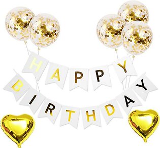 Golden Happy Birthday Theme For Birthday Boy & Birthday Girl - Golden Happy Birthday Card Banner + 5 Golden Confetti Balloons + 2 Golden Hearts Foil Balloons
