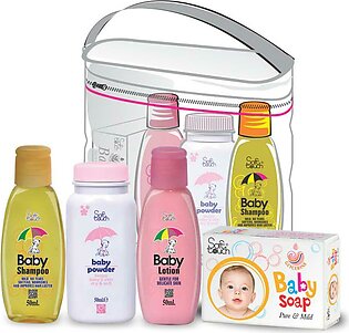 Soft Touch Baby Gift Smart Pouch Pack 5 Items 50ml Each Baby Shampoo Soap Oil Lotion Kit Baby Gift Set New Born Baby Gift Set Baby Care Kit Baby Bathing Kit Baby Care Accessories
