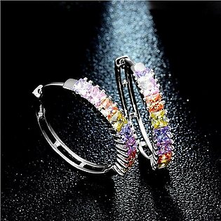Silver Color Hoop Earrings Round-shape With Colorful Cubic Zircon Stones
