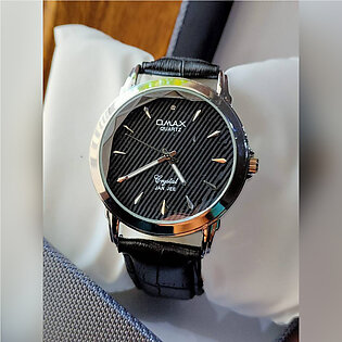 Omax Black Leather Strap Crystal Wrist Watch For Men/black Dial Watch For Men