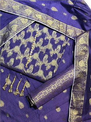 Sastaae 3 Pieces Unstitched Cotton Jacquard Paper Cotton Banarsi Shirt, Trouser And Dupatta With Neckline And Tussles Trendy Party Wear Suit For Women & Girls