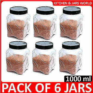 Pack of 6 Jars for Kitchen - 1 KG STORAGE JAR - JARS SET - Masala / Sugar Cheeni / Biscuits / Daal JAR - RACK Storage - FOOD GRADE PURE PLASTIC - LEAF DESIGN - LARGE 1000 ml Capacity