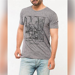 Charcoal Cotton Crew Neck Printed T Shirt For Men