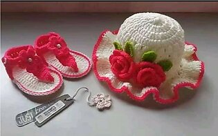 crochet hat with shoes for baby girl / babies cap and booties / handmade woolen baby dress suit / baby crochet booties set