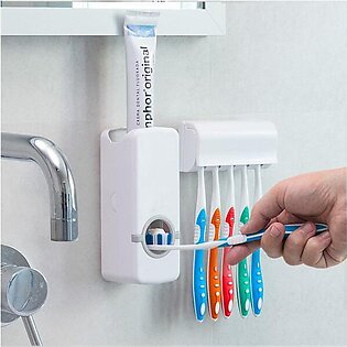 Toothpaste Dispenser With 5 Brush Holder Wall Mounted Automatic Hands Free Toothpaste Dispenser