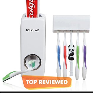 Set Of Toothpaste Dispenser & Brush Holder - White High Quality Toothpaste Dispenser And Tooth Brush Holder Toothpaste Dispenser Automatic For Homes And Bathrooms White Automatic Toothpaste Dispenser & Toothbrush Holder