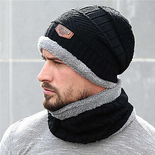 2 Pcs Winter face Warmer & long beanie cap, Woolen knitted Thermal Beanie Hat + Neck Scarf for Men and Women