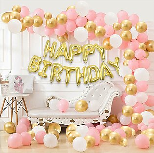 Happy Birthday Golden And Pink Theme Set ( 13 Inch Gold Happy Birthday Foil Balloon- 30 Pc Balloon -gold-pink-white ) Happy Birthday Decorations- Party Decorations-home And Anniversary Decorations-birthday Items For Home
