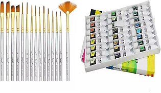 Pack Of 2 - Acrylic Paint 24 And 15Pcs Paint Brush Different Shape Nylon Hair Brush Set