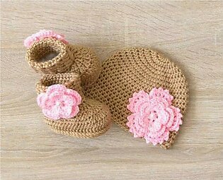 Crochet Booties Set For Baby Girl / Woolen Shoes And Cap For Baby Girl / Handmade Baby Booties
