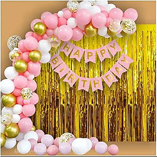 Happy birthday Theme( Pink, White & Gold)-Including Pink Happy Birthday cards, 30 latex Balloons, 3 Confetti Balloons With Silver Back Curtain, Best Set For Birthday Party