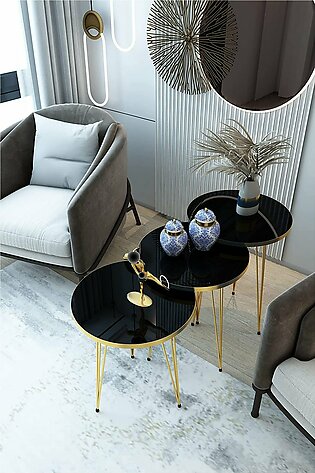 3 Pieces Table Set Top Marble Sheet With 3 Stylish  Gold Legs Coffee Table