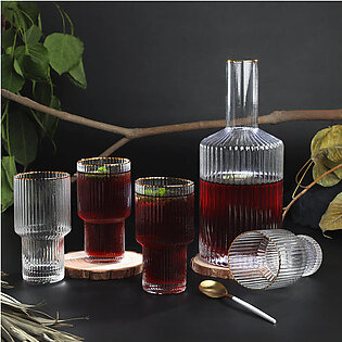 Jug And Glass Water Sets Of 5- Drinkware Fancy Water Set - Vertical Stripe Fluted Bottom Design
