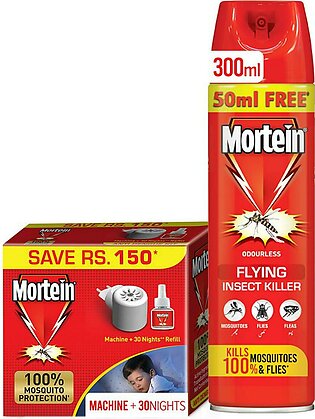 Mortein Flying Insect Killer Spray Kills 100% Mosquitos and Flies 300ml + Mosquito Repellent Refill 30 Nights Odourless 25ml - Mortein Starter Pack