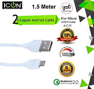 6 Month Warranty -  ICON Casim A-C35 Original QC 2.0 Micro USB Fast Charging + Data Cable 2A Quick Charging Cord - Micro USB Android For Samsung / HTC / Infinix / Xiaomi / Oppo / Huawei / Nokia / Lenovo / Android Phones - 1.5M - White,