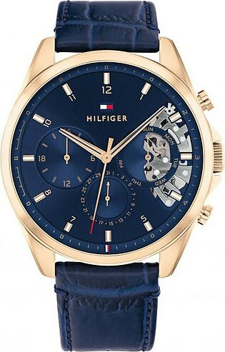 Tommy Hilfiger Wrist Watch For Men Quartz Leather Strap Blue Dial 44mm Watch 1710451