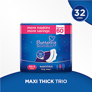 Butterfly Breathables Maxi Thick Fabric Soft Sanitary Pads Long Trio Pack 32 Pcs
