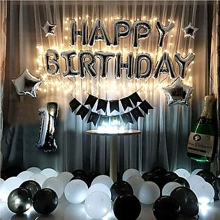 Slight Dimy White & Black Birthday Decoration Set Including Birthday Foil & Banner + 30 Balloons +2 x Stars & Fairy Light -Birthday & Party Supplies -Birthday Themes for Girls & Boys-White & Black Birthday Decor