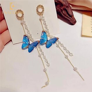 The Jewels Gallery Purple Long Butterfly Tassel Earrings Ladies Long Crystal Pearl Drop Temperament Earrings