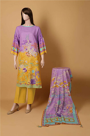 Saya Printed Unstitched Fabric Lawn 3 Piece Suit For Woman And Girls - Purple - Design Code: Wuns-3347