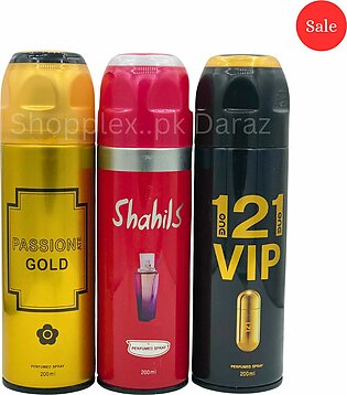 Body Spray Pack Of 3 For Men Gift | Big Bottle 200ml Passion Gold | Shahlis | One 2 One Vip By Freshrite Value Budget Pack For Men & Women Gents And Ladies Deodorants Body Spray Imported High Quality By Lucky Long Lasting Women And Men Gift Whole Sale