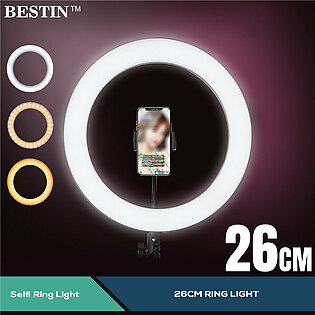 BESTIN 10" / 26cm RingLight (STAND IS NOT INCLUDED) With Phone Holder & 3 Shades of Colours Only Ring light For Video Making Selfie Ring Light Photography Dimmable Makeup 26cm Ring Light Video Live 12w 5500k LED Fill Ring Lamp with Phone Holder USB Plug.