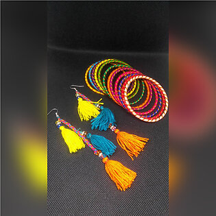 Threaded Bangles + Tassel Earrings( Multi Colour )