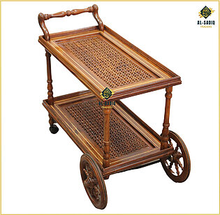 Al-sadiq Traders | Wooden Chinioti Tea Trolley Rectengle Style, Handcrafted Rosewood Tea Trolley With Vintage Charm, Premium Rosewood Furniture Rectangle Style Tea Trolley Antique Wooden Tea Trolley High-quality Polish Trolley Artisanal Woodcraft