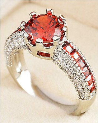 Silver & Red Metal Ruby Garnet Stone Ring For Women
