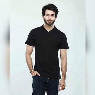 Basic Black Cotton V Neck Half Sleeve T-shirt For Men