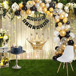 Golden & Black Birthday Decoration Kit For The Birthday Of A Boy - Prince Theme, King Birthday Themes With Crown Foil Balloon -30 X Balloons + Birthday Banner + Confetti Balloons